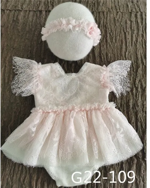 0-3Month Baby Newborn Photography Props Baby Hat Baby Girl Lace Romper Bodysuits Outfit Photography Clothing