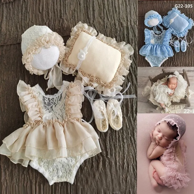 0-3Month Baby Newborn Photography Props Baby Hat Baby Girl Lace Romper Bodysuits Outfit Photography Clothing