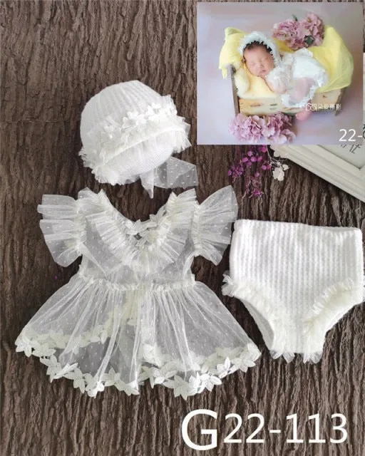 0-3Month Baby Newborn Photography Props Baby Hat Baby Girl Lace Romper Bodysuits Outfit Photography Clothing