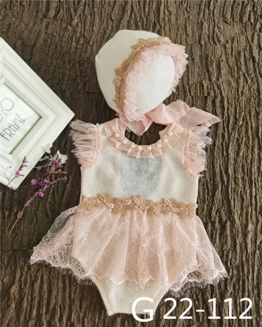 0-3Month Baby Newborn Photography Props Baby Hat Baby Girl Lace Romper Bodysuits Outfit Photography Clothing