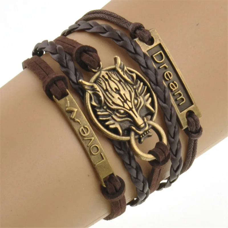 2016 Charm Boho Wolf Style Brown Rope Chain Bracelet Men Jewelry Bracelets For Women Pulseras Mujer With Nameplate Free Shipping