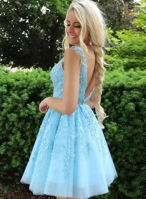 A Line V Neck Blue Short Lace Appliques Prom Dresses,  Short Lace Blue Formal Evening Graduation Homecoming Dresses