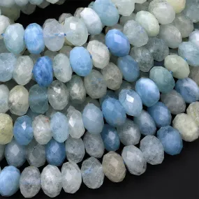 AA Translucent Large Natural Blue Aquamarine Faceted Rondelle Beads 8mm 10mm 15.5" Strand