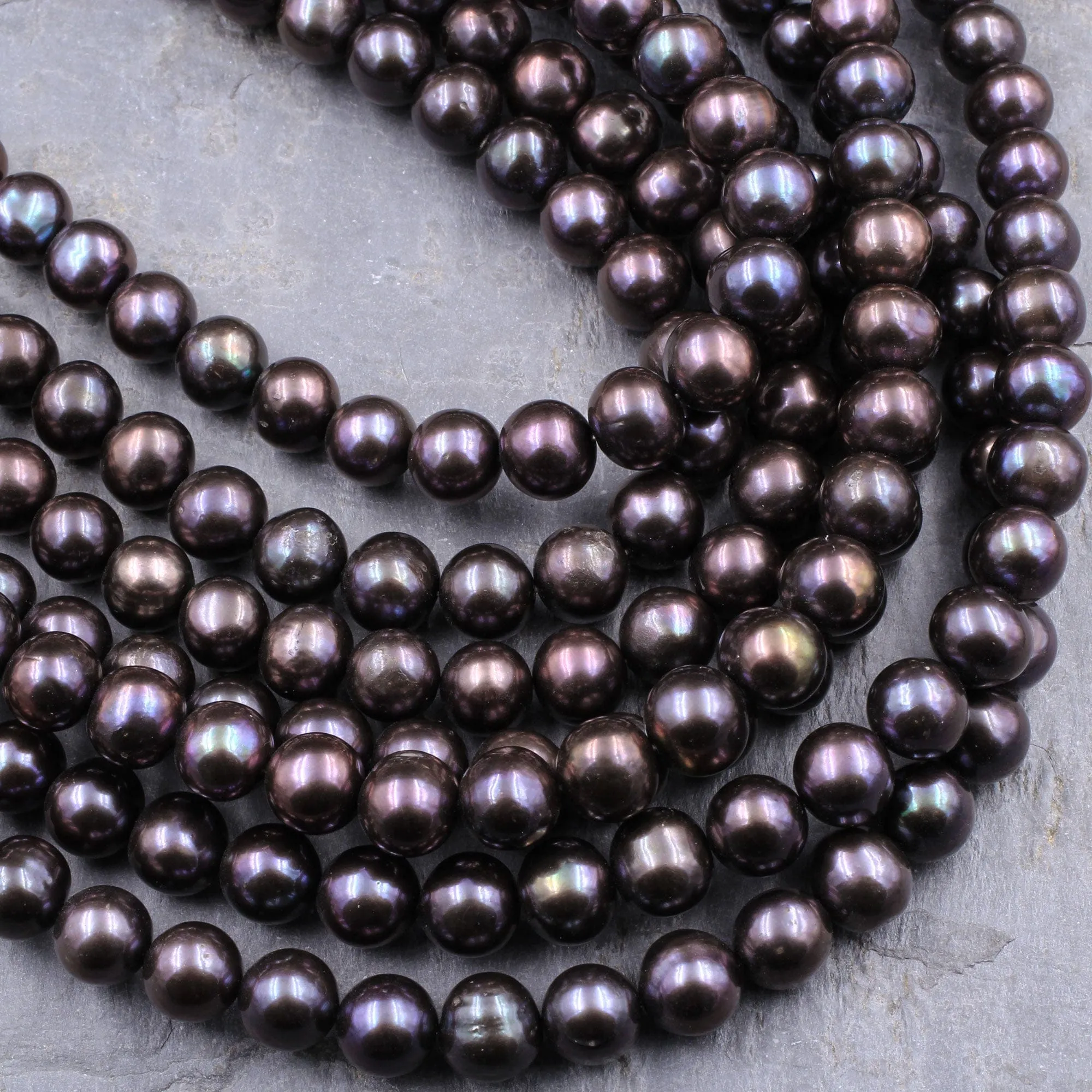 AAA Black Pearl 10mm Round Iridescent Real Genuine Freshwater Pearl 16" Strand