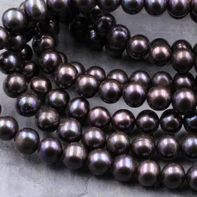 AAA Black Pearl 10mm Round Iridescent Real Genuine Freshwater Pearl 16" Strand