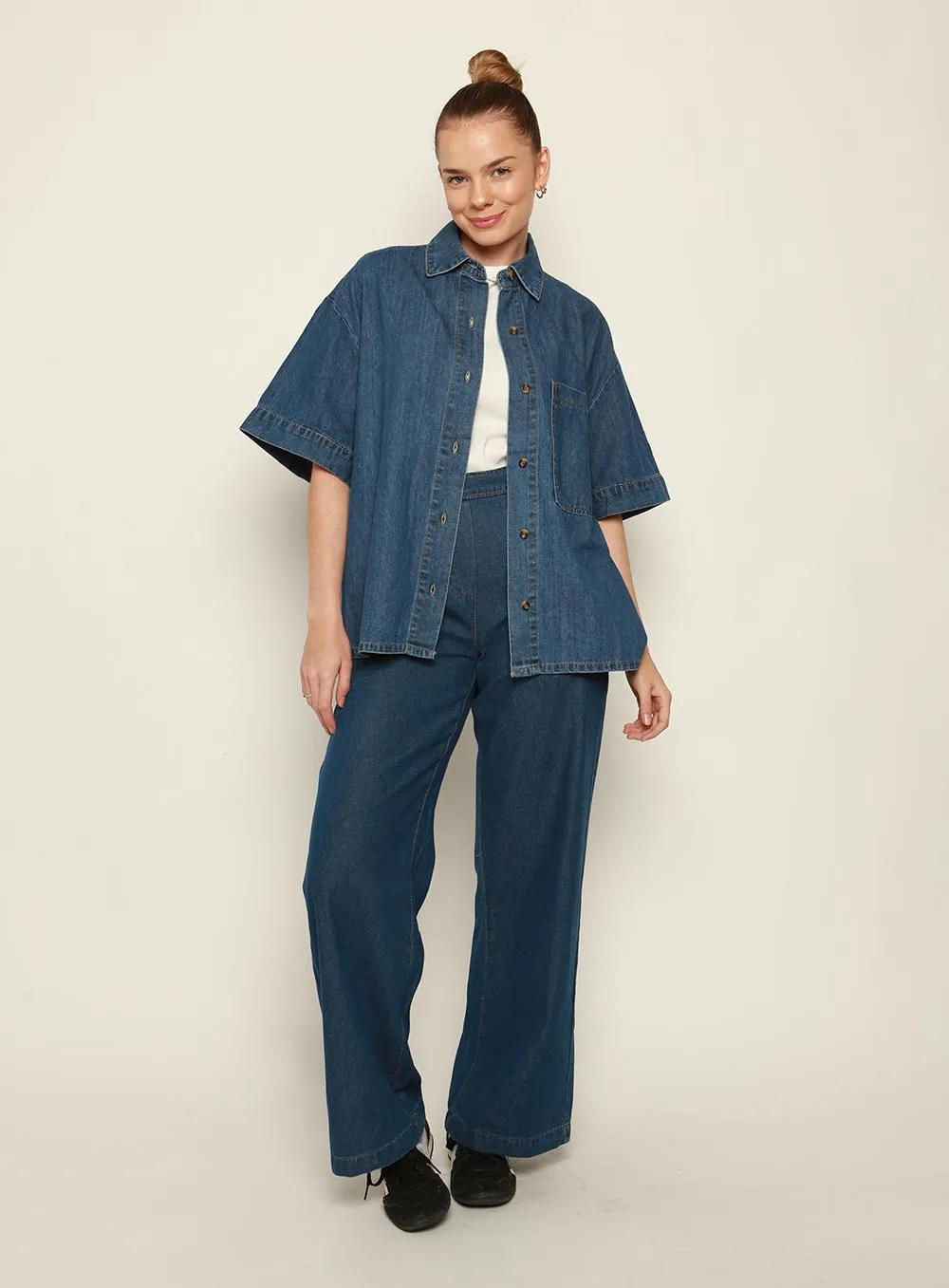 Adele Denim Short Sleeve Shirt-MID BLUE