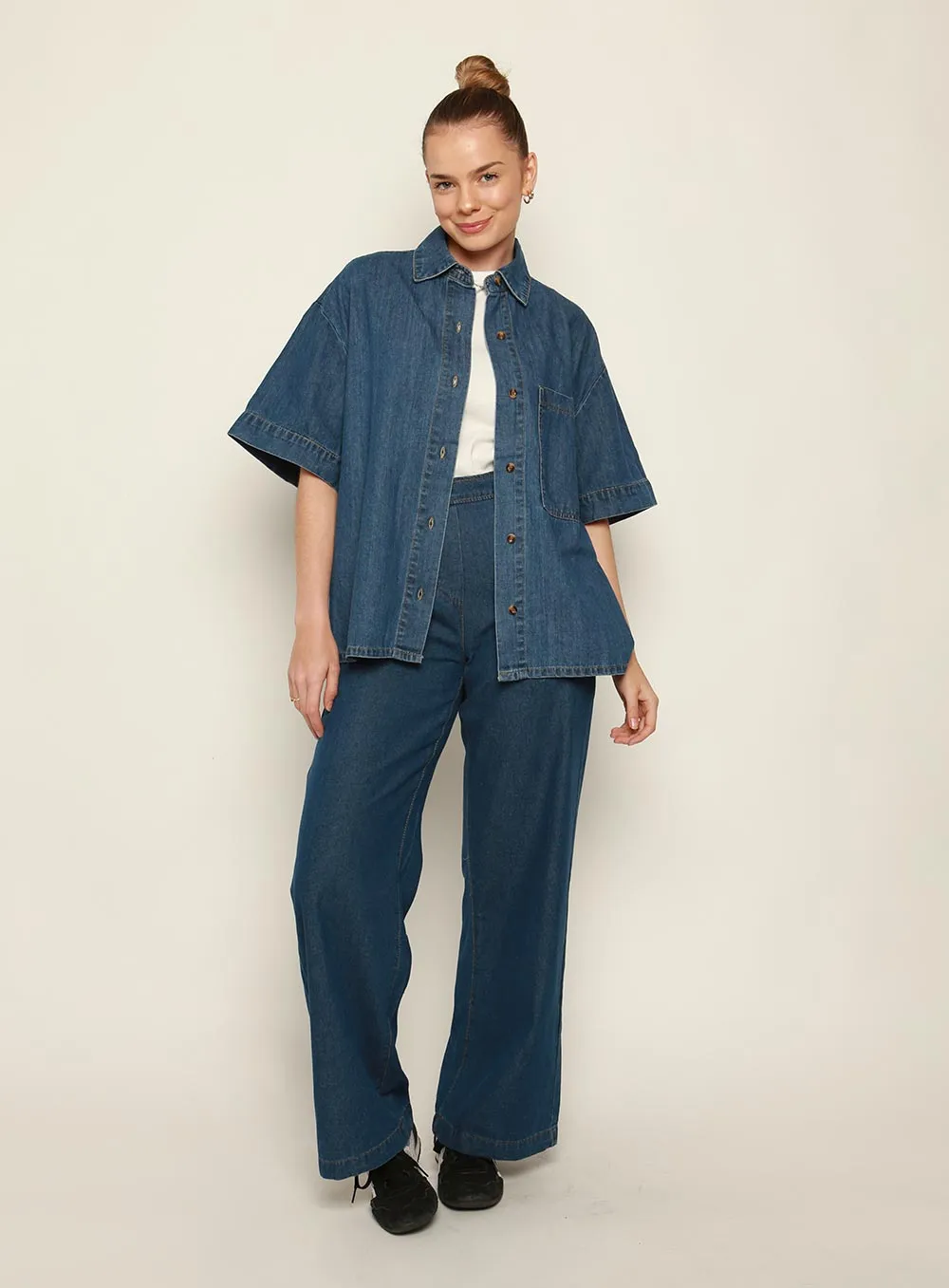 Adele Denim Short Sleeve Shirt-MID BLUE