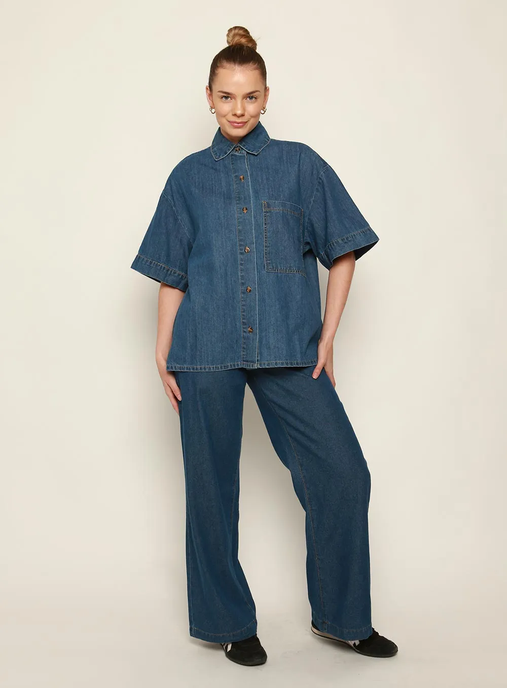 Adele Denim Short Sleeve Shirt-MID BLUE