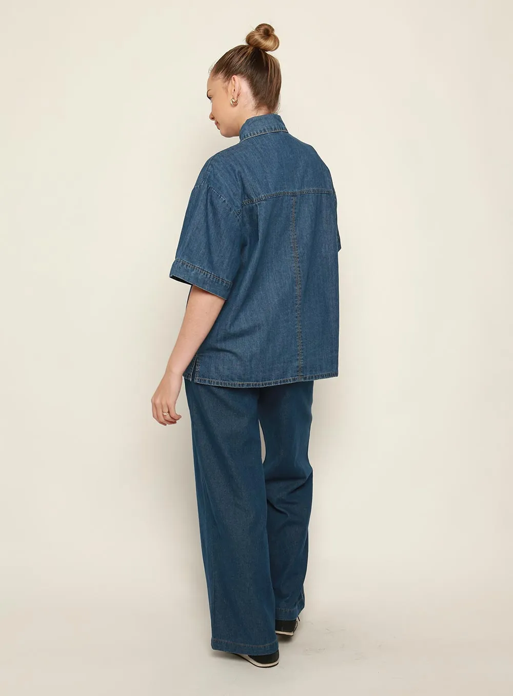 Adele Denim Short Sleeve Shirt-MID BLUE