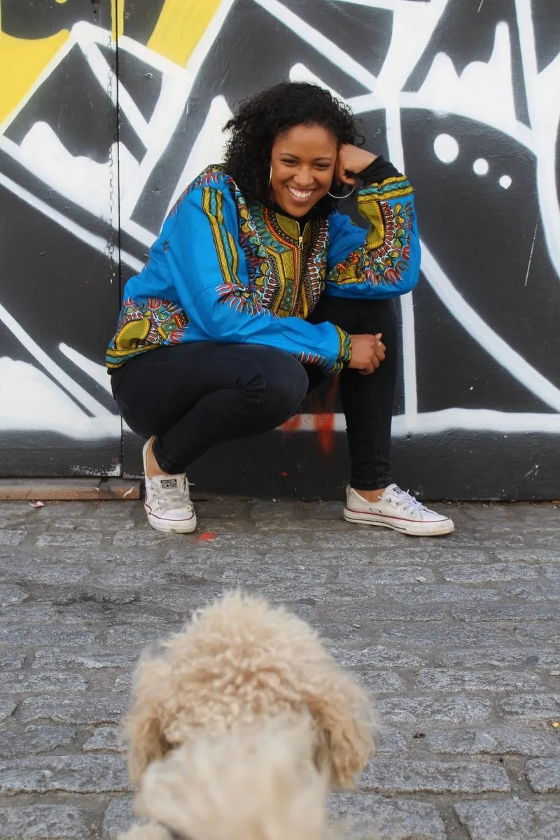 African Bomber Jacket in Blue Dashiki Print- Festival Clothing