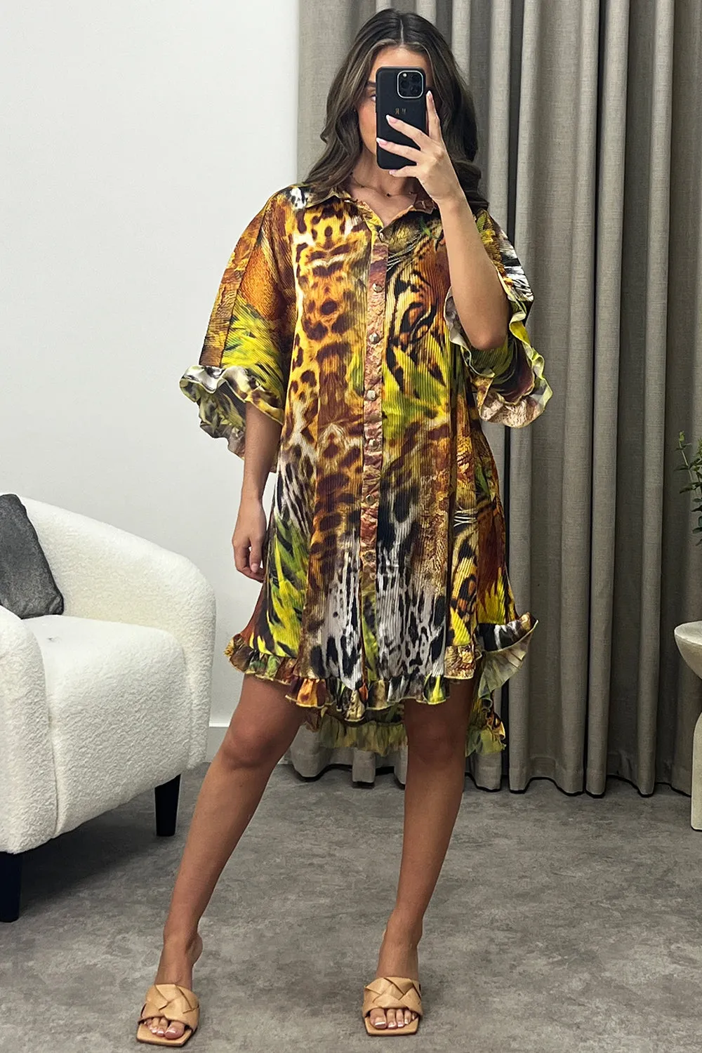 Alyssa Multi Tiger Print Plisse Pleated Frill Hem Shirt Dress