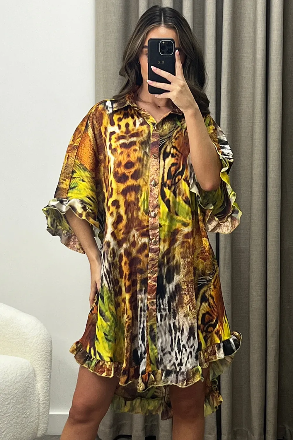 Alyssa Multi Tiger Print Plisse Pleated Frill Hem Shirt Dress