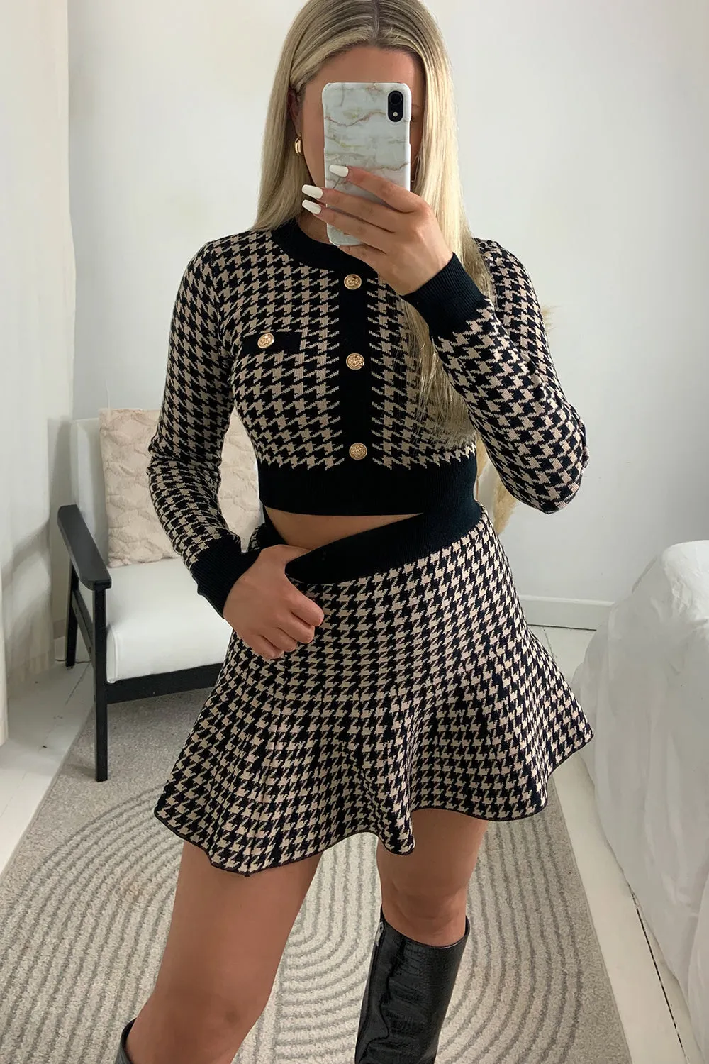 Amiee Black and Beige Houndstooth Crop Top and Skirt Co-Ord Set