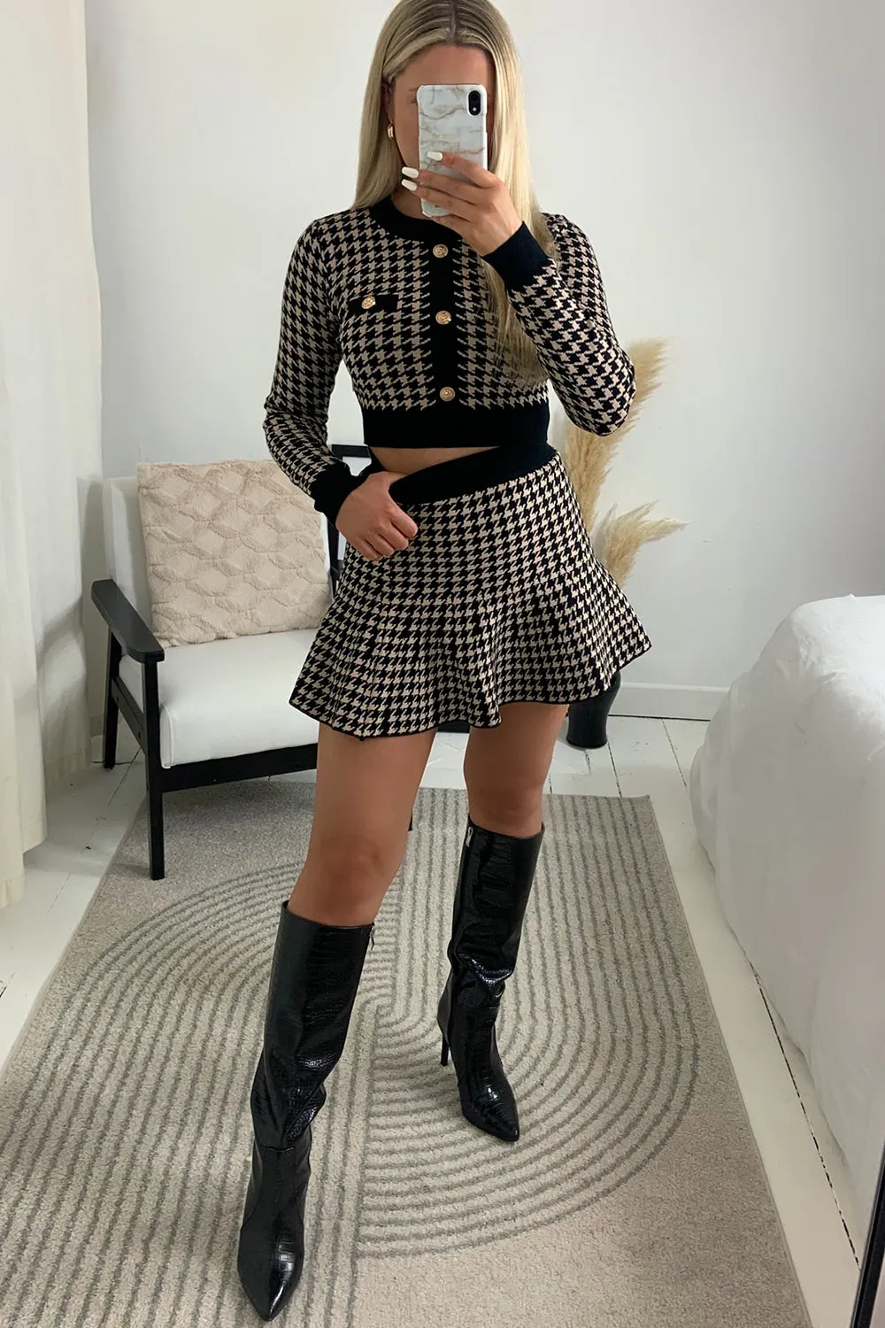 Amiee Black and Beige Houndstooth Crop Top and Skirt Co-Ord Set