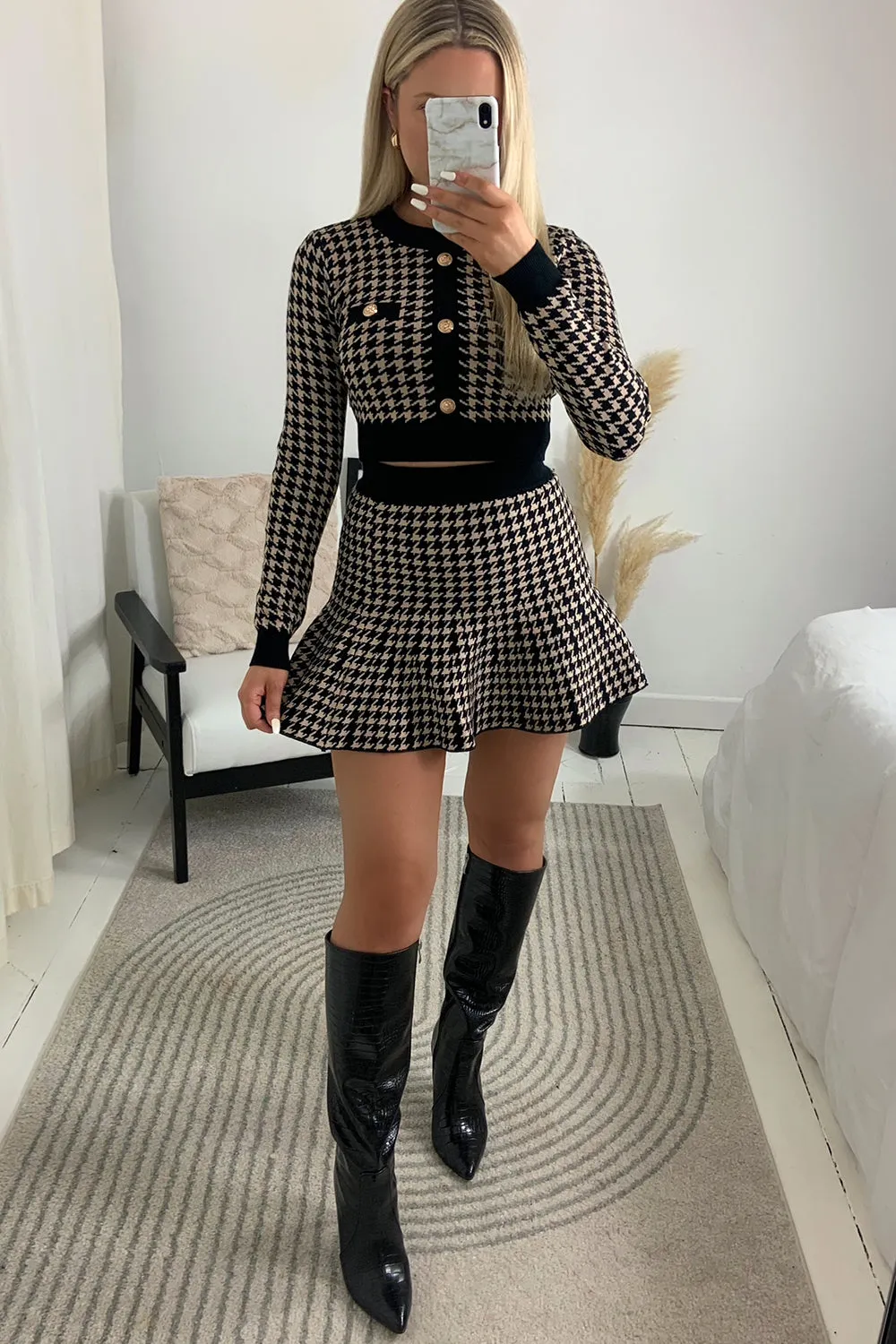 Amiee Black and Beige Houndstooth Crop Top and Skirt Co-Ord Set