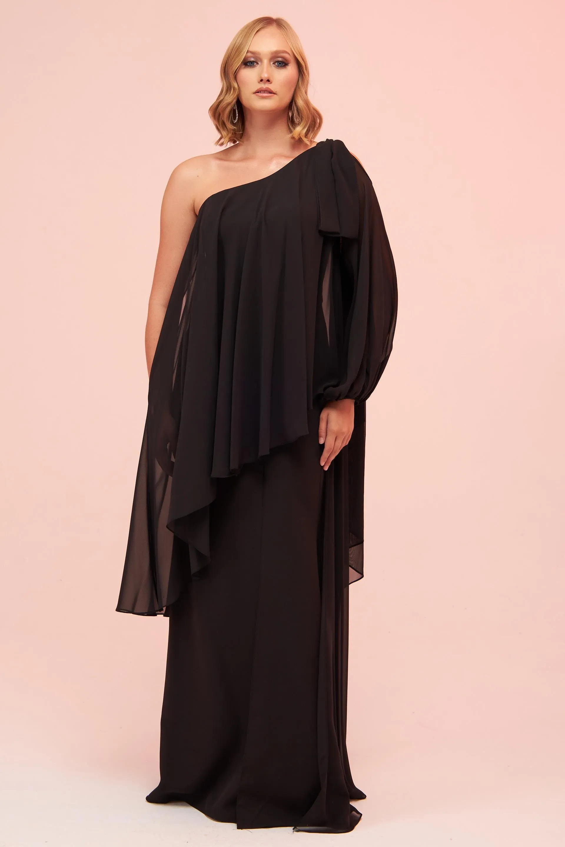 Angelino Black Single Sleeve Slit Plus Size Chiffon Evening Dress