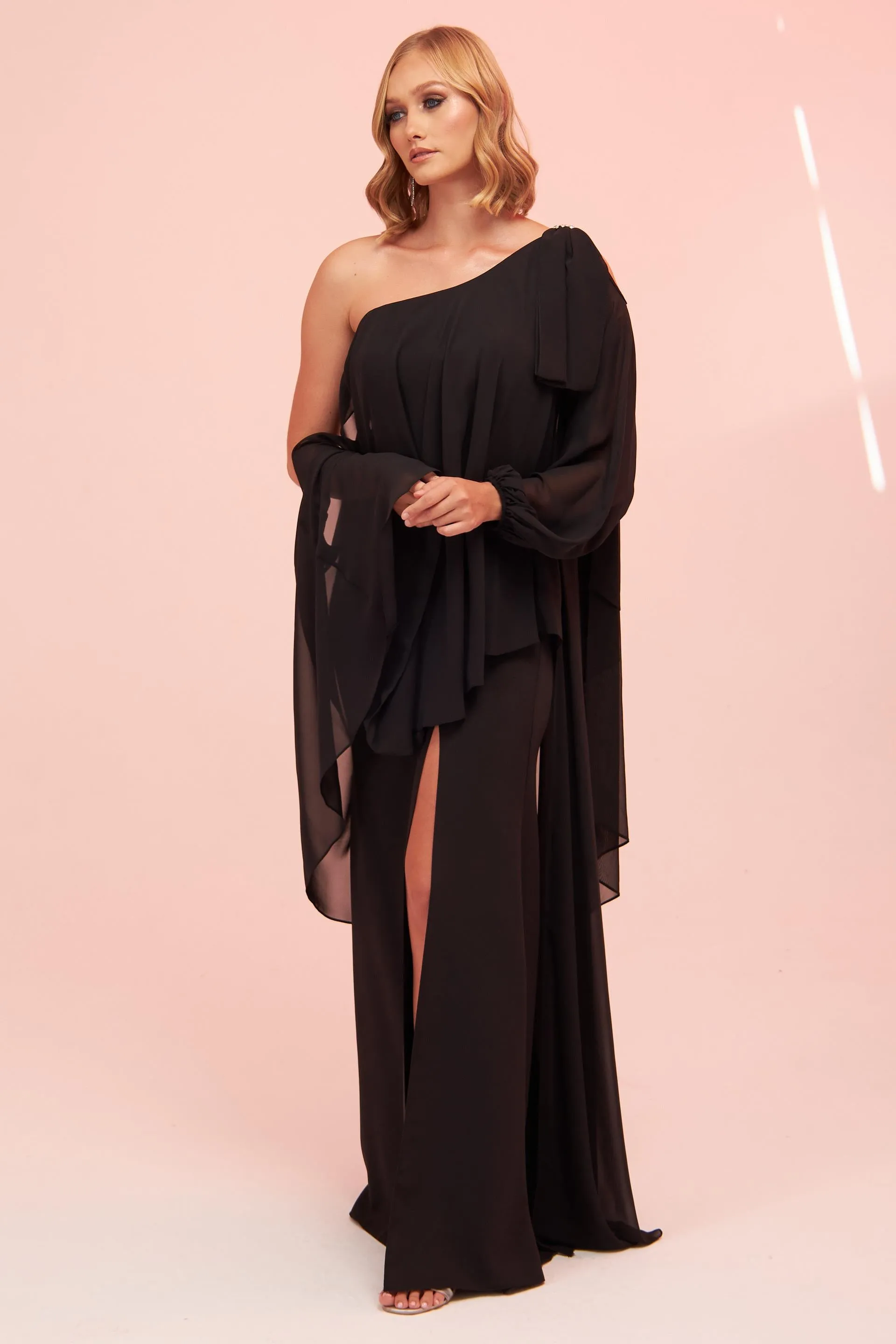 Angelino Black Single Sleeve Slit Plus Size Chiffon Evening Dress