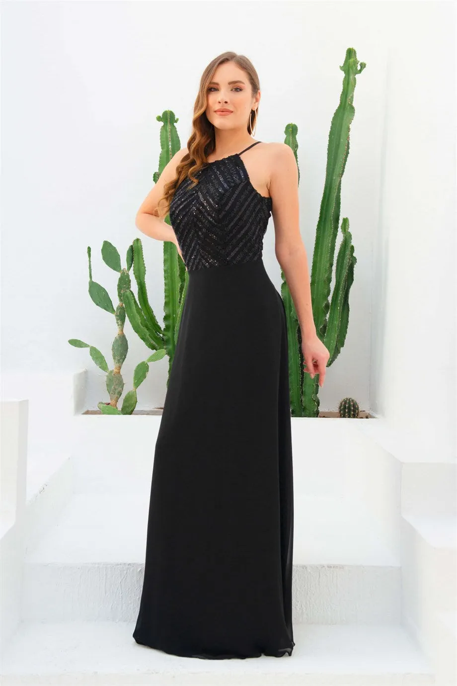 Angelino black strap stamp sequined long evening dress dress