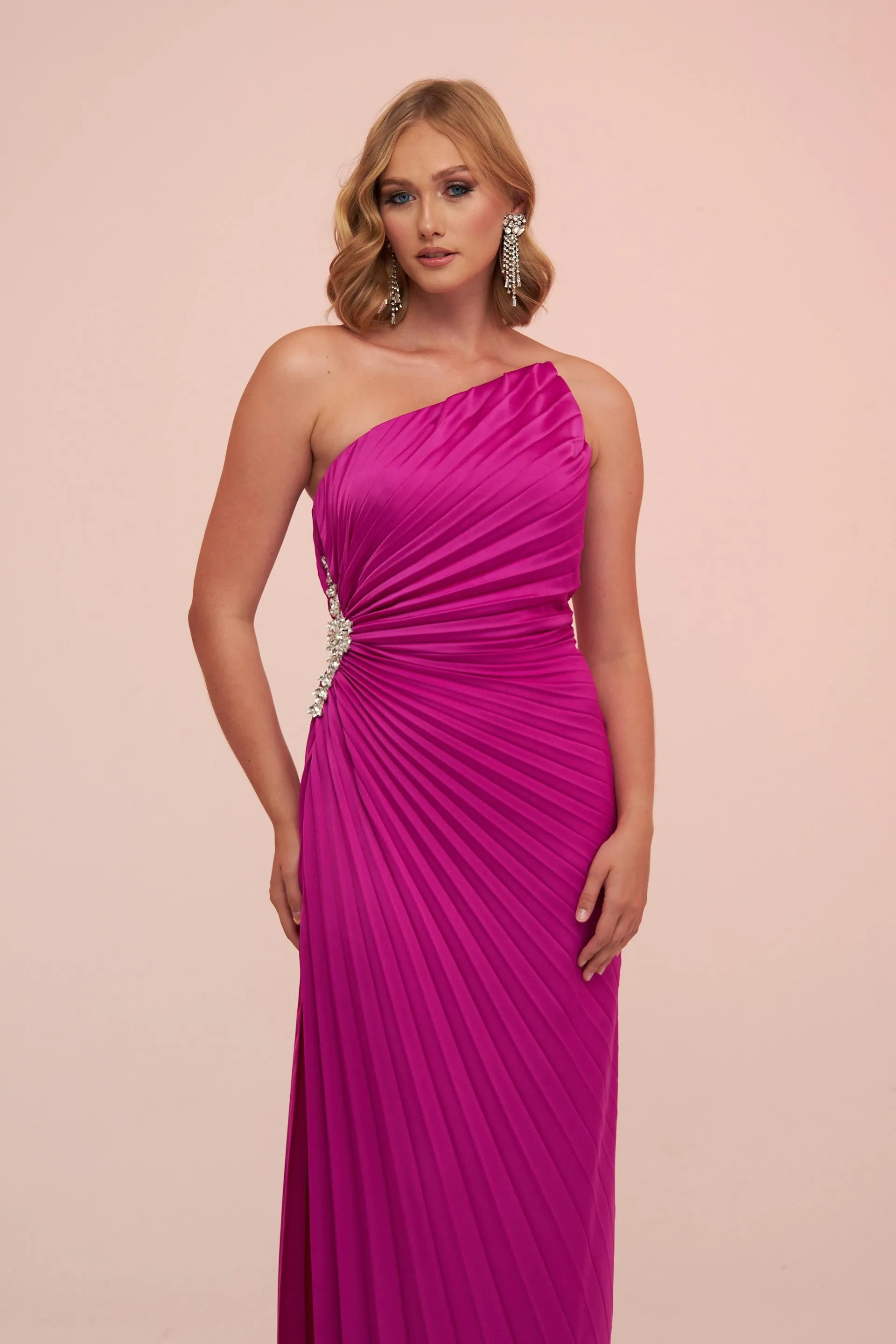 Angelino Fuchsia Plisoley Long Evening Dress with Stone Slit on the Side