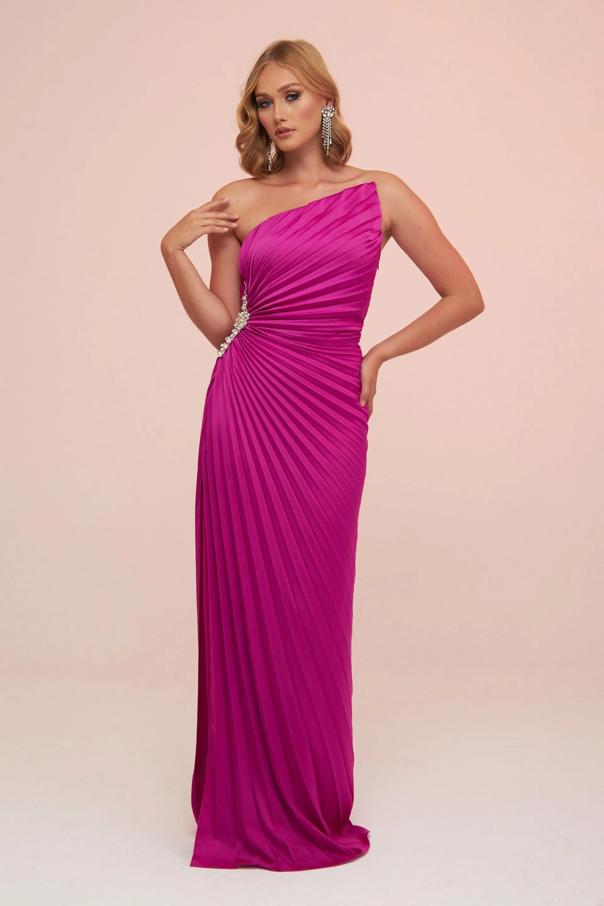 Angelino Fuchsia Plisoley Long Evening Dress with Stone Slit on the Side