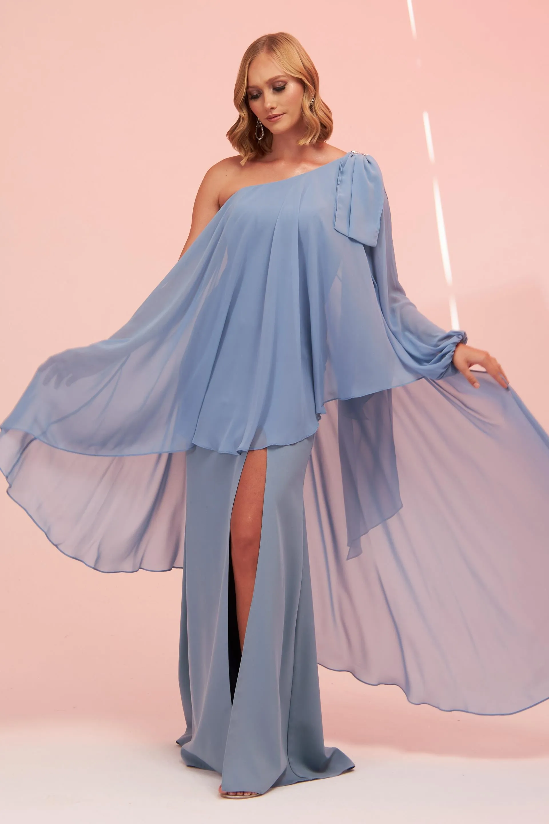 Angelino Indigo Single Sleeve Slit Plus Size Chiffon Evening Dress