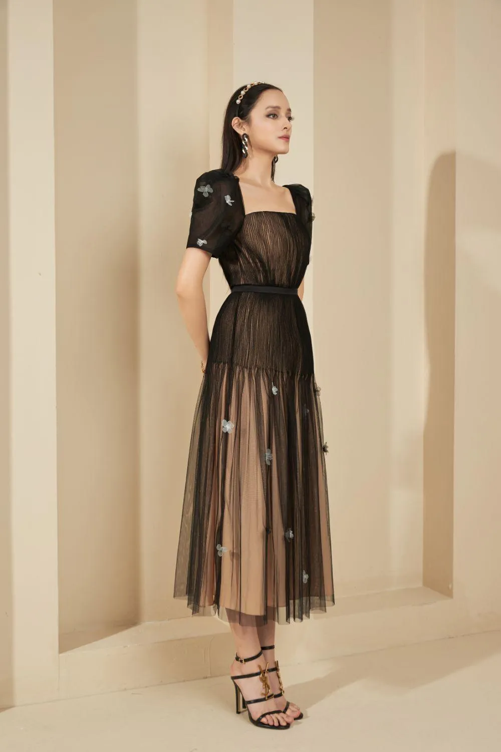 Aniston Pleated Puffy Sleeved Mesh Sheer Dress