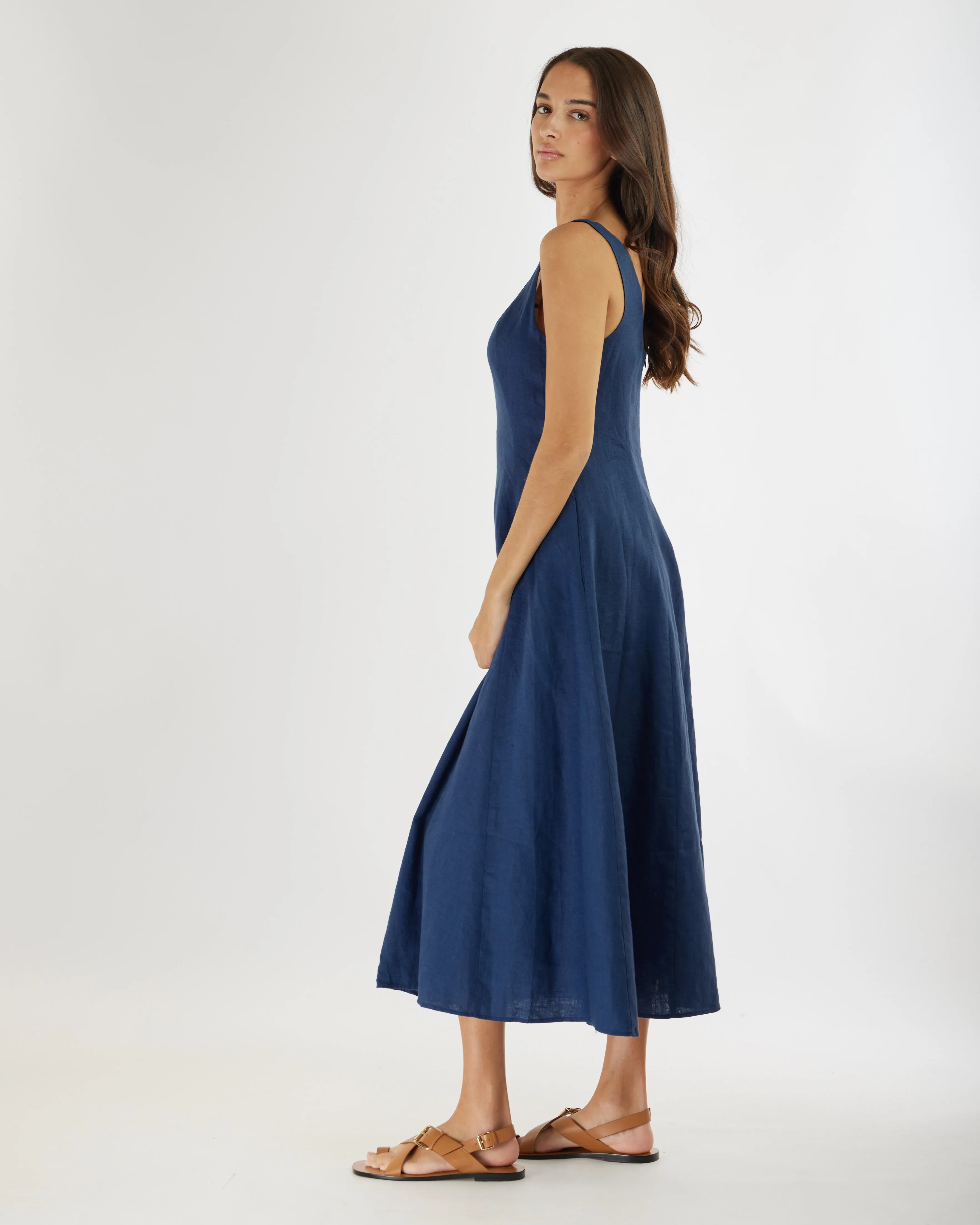 Anna Panelled Linen Midi Dress - Navy