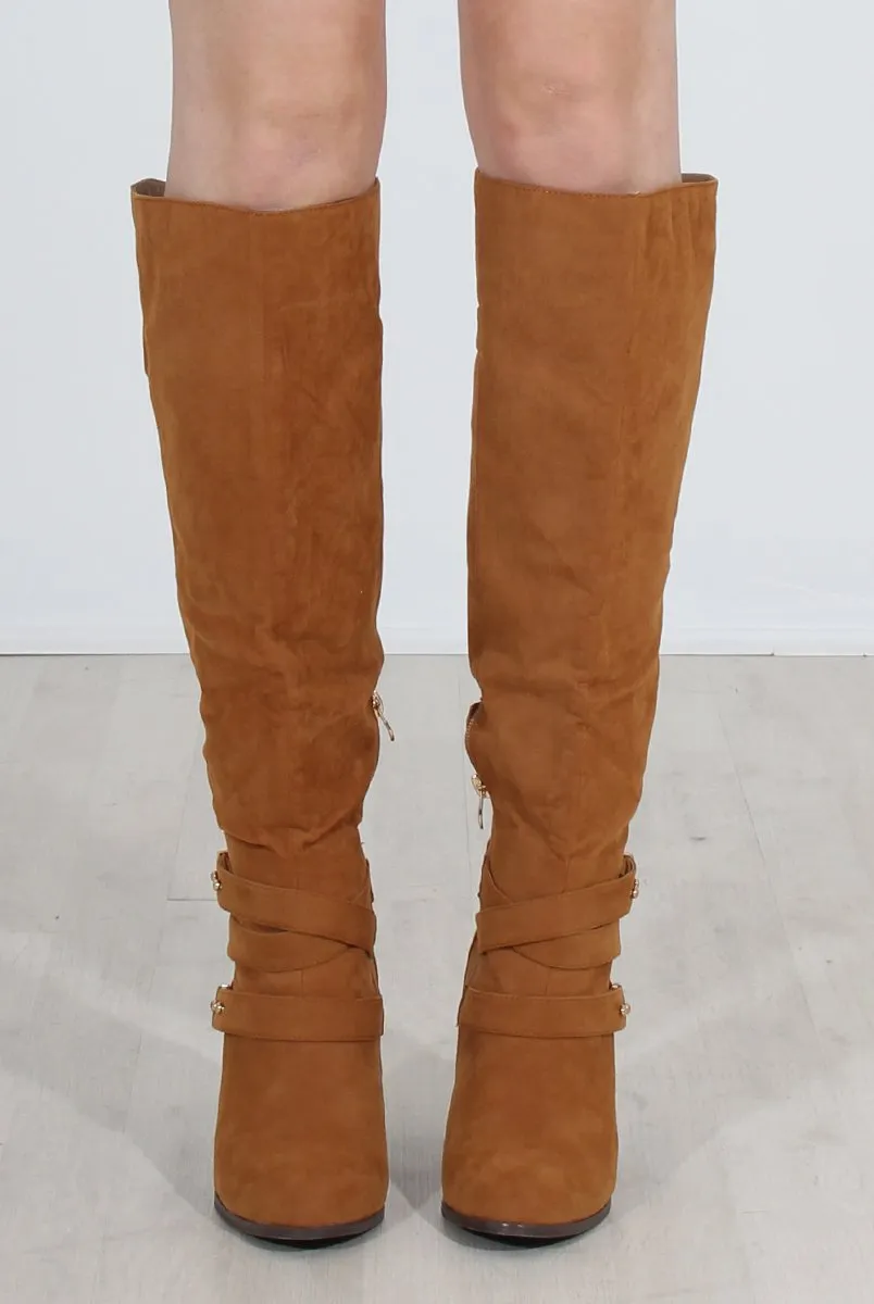 Ansel Tan Over The Knee Buckle Boots