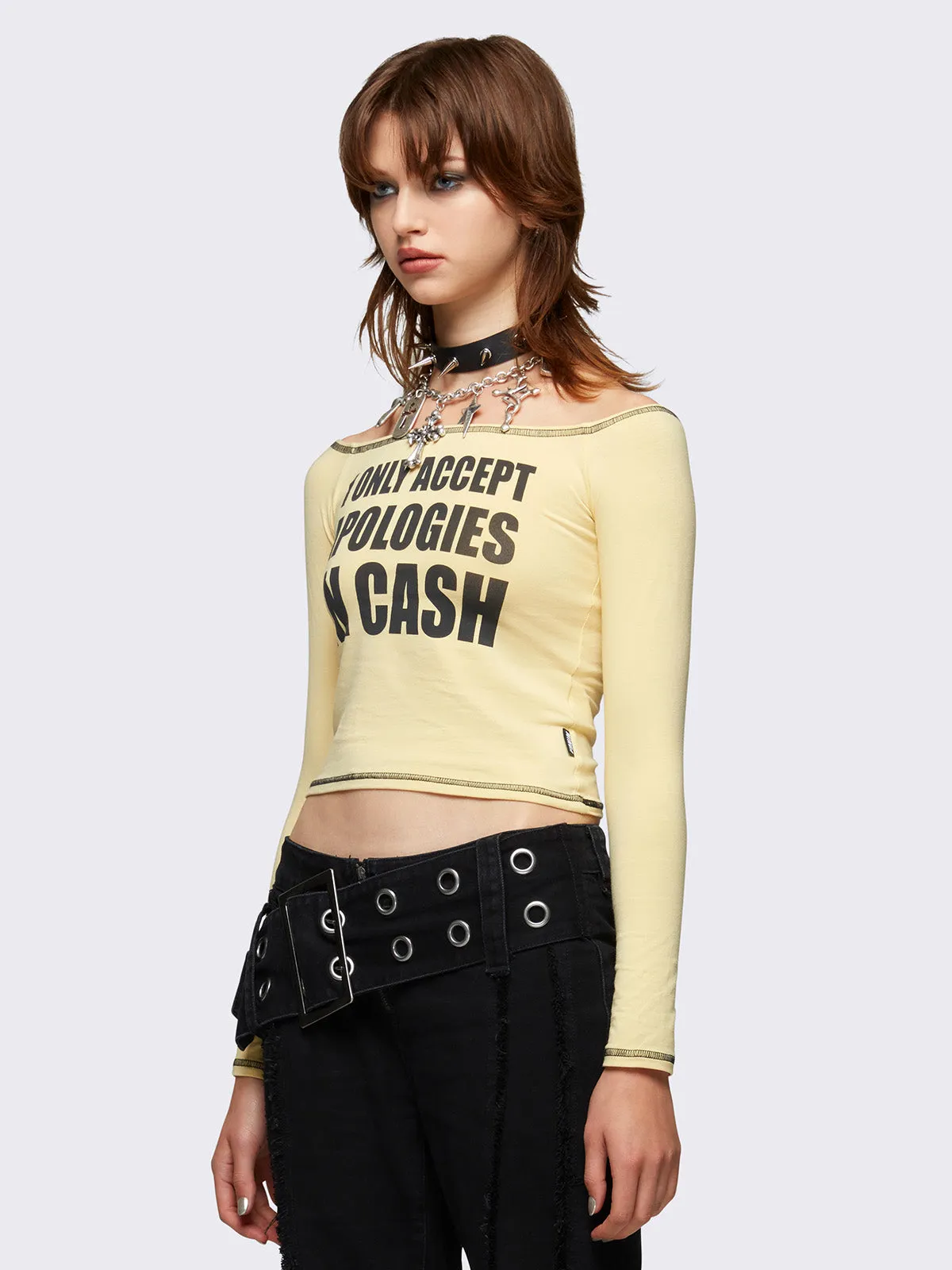 Apologie$ Off-Shoulder Graphic Top