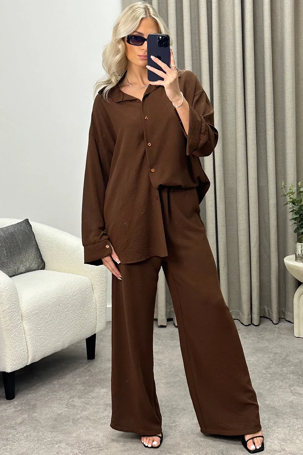 Ariana Brown Oversized Shirt and Trousers Co-Ord Set