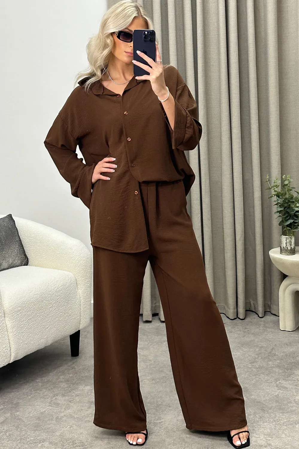 Ariana Brown Oversized Shirt and Trousers Co-Ord Set