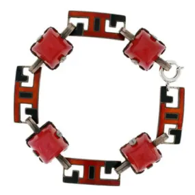 Art Deco Sterling Enamel & Carnelian Link Bracelet