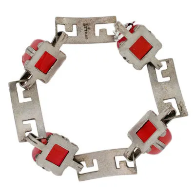 Art Deco Sterling Enamel & Carnelian Link Bracelet