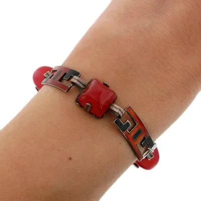 Art Deco Sterling Enamel & Carnelian Link Bracelet