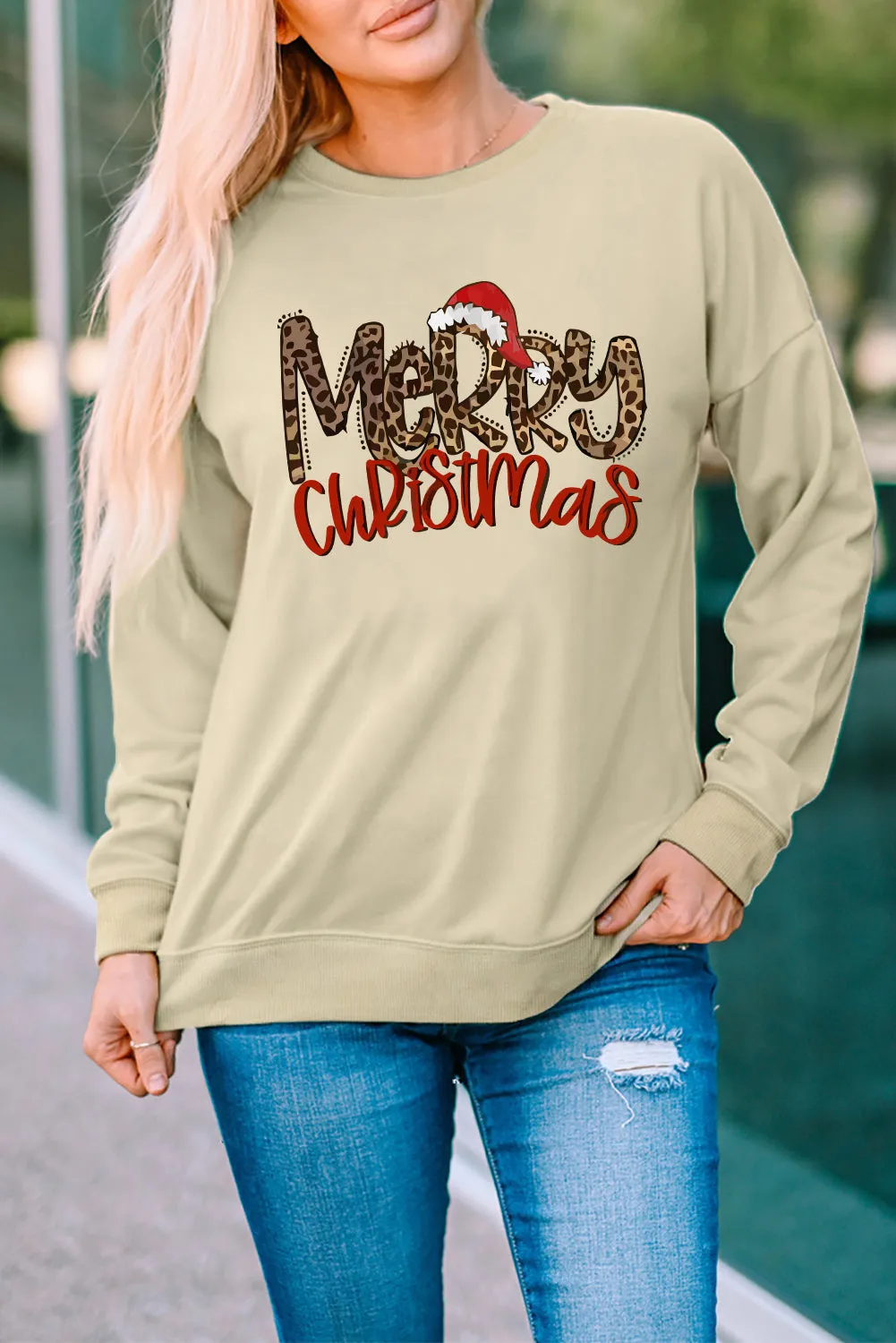 Beige Christmas Hat Leopard Print Sweatshirt