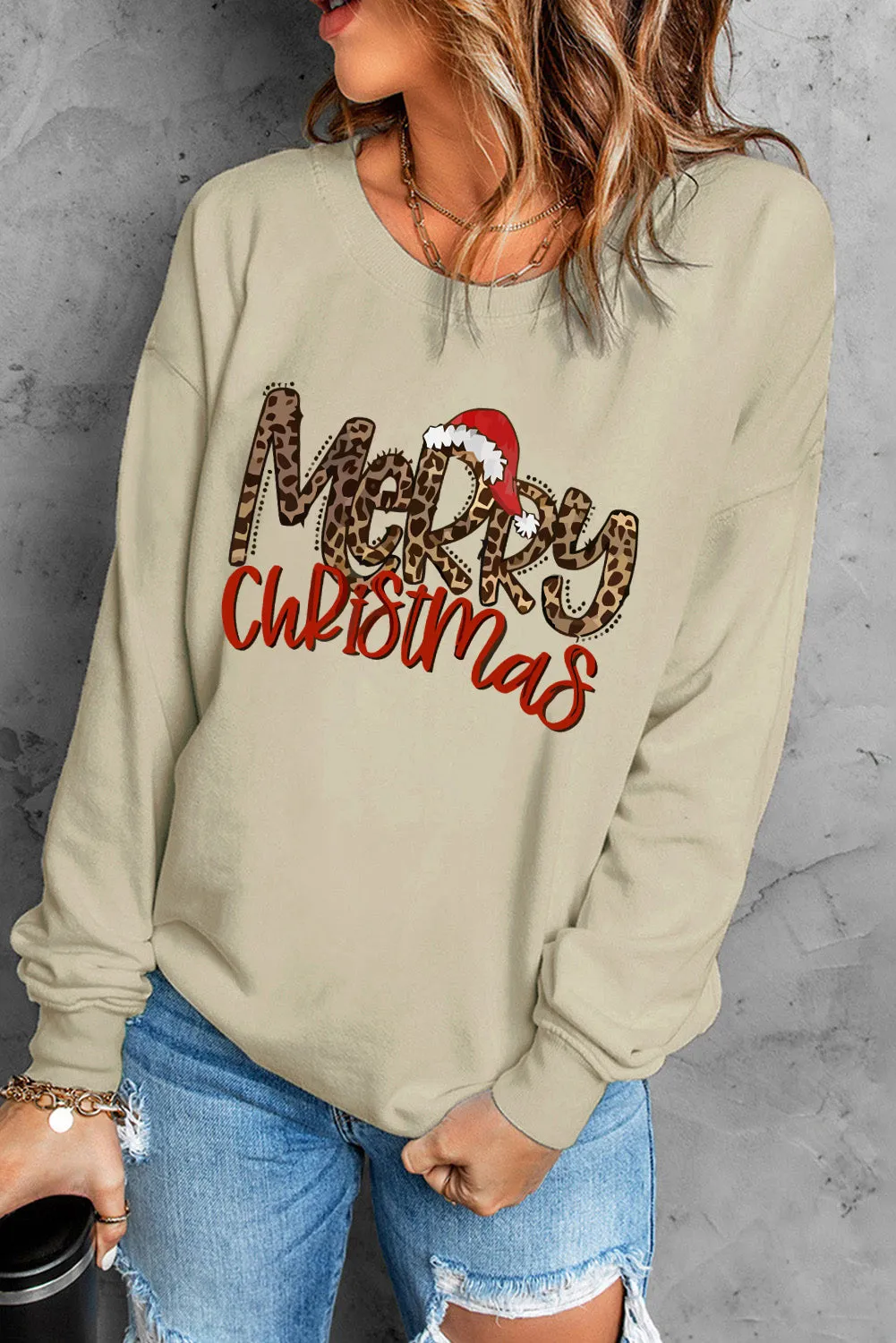 Beige Christmas Hat Leopard Print Sweatshirt