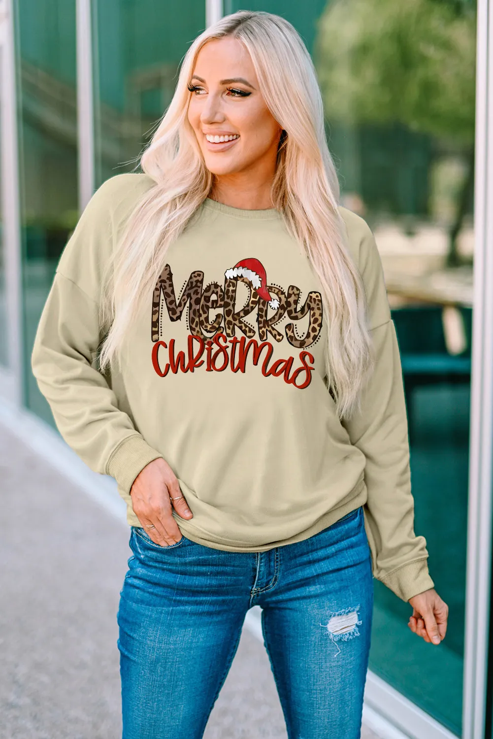 Beige Christmas Hat Leopard Print Sweatshirt