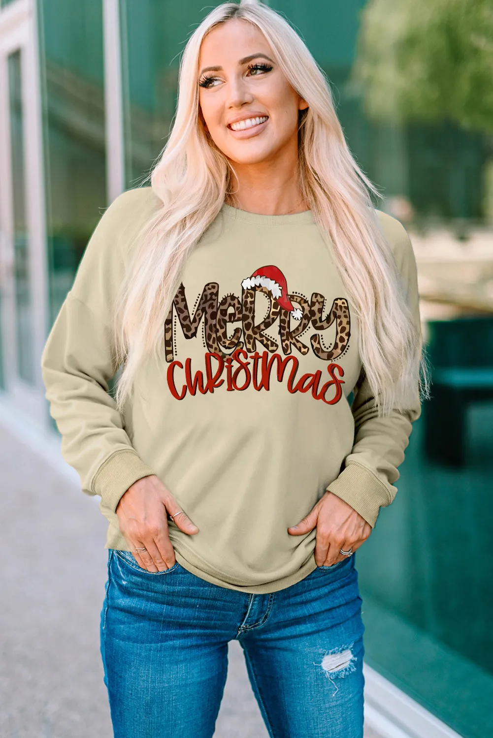 Beige Christmas Hat Leopard Print Sweatshirt