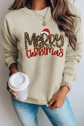 Beige Christmas Hat Leopard Print Sweatshirt