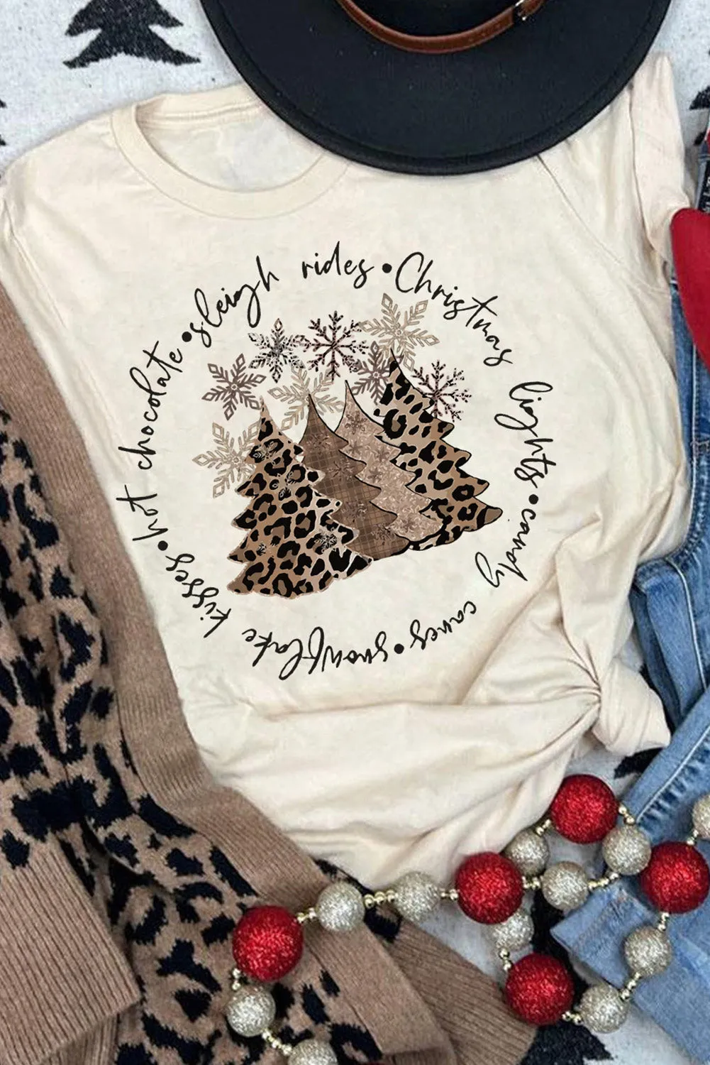 Beige Christmas TreeText Print Graphic Top