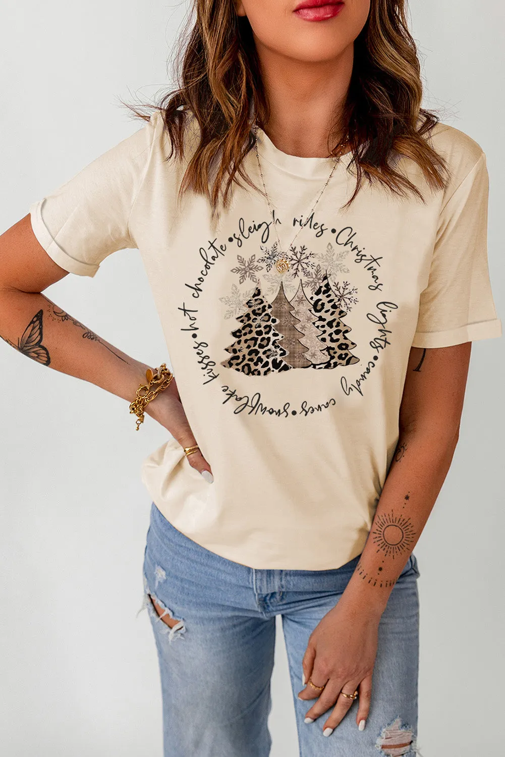 Beige Christmas TreeText Print Graphic Top