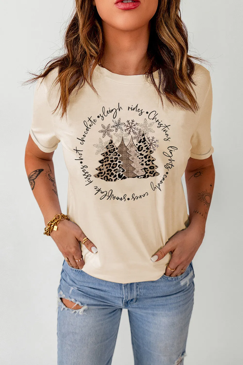 Beige Christmas TreeText Print Graphic Top