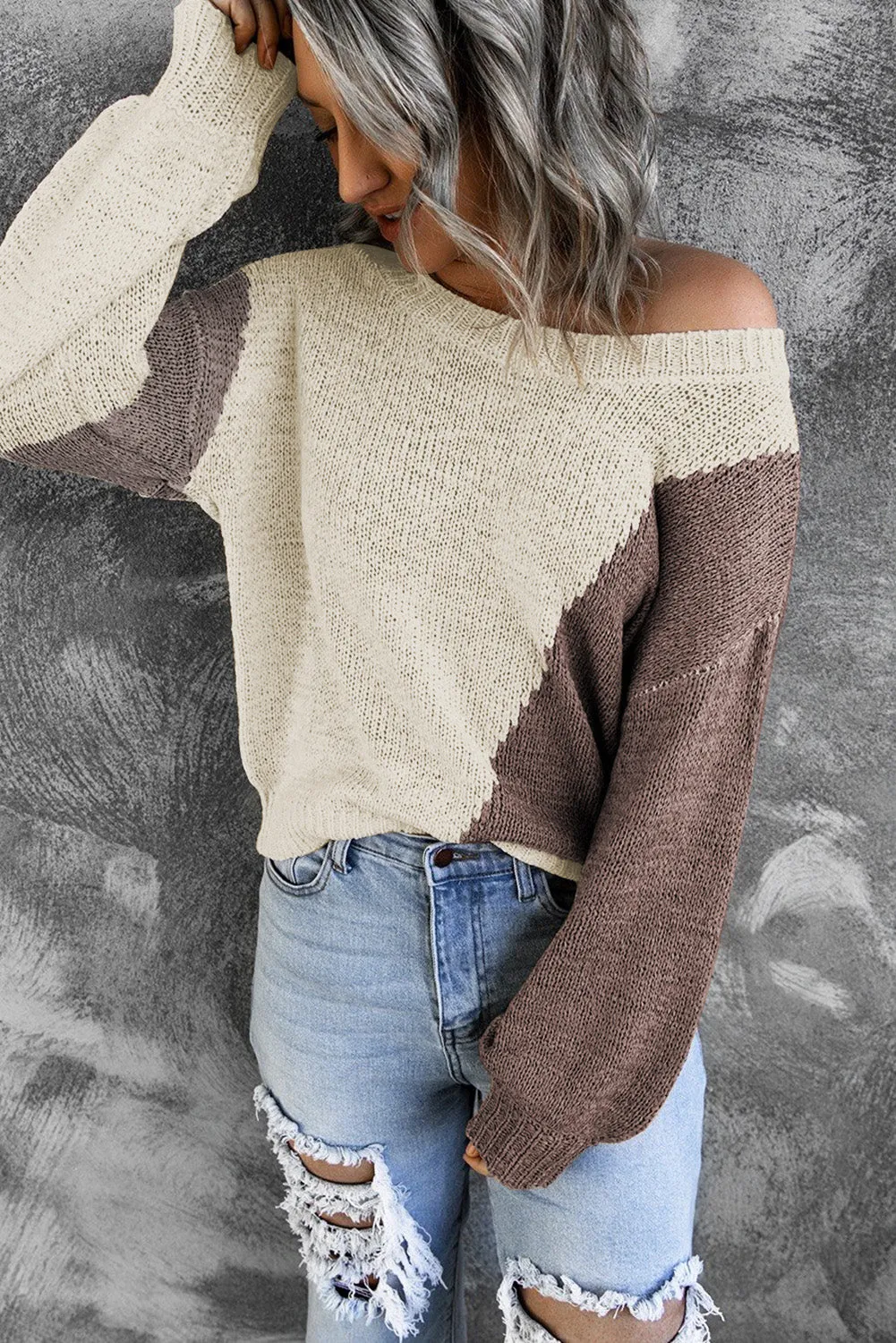 Beige Color Block Knitted Sweater