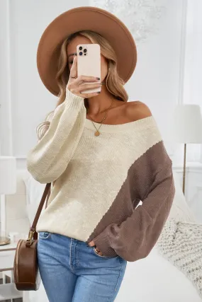 Beige Color Block Knitted Sweater