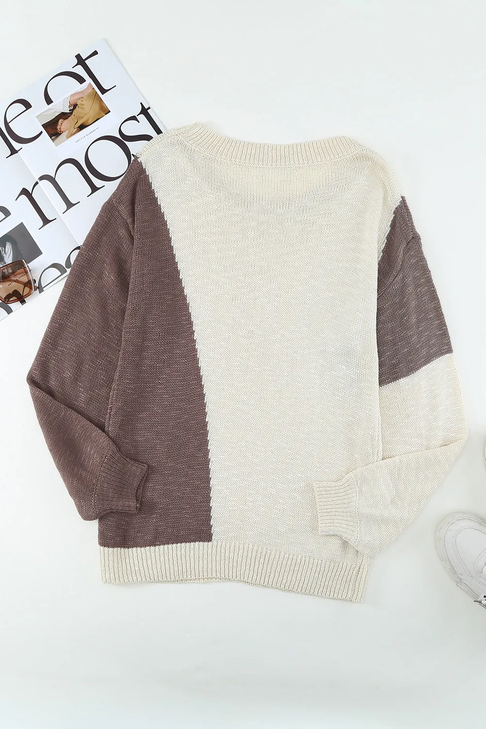 Beige Color Block Knitted Sweater