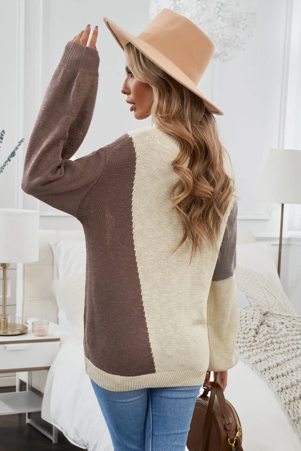 Beige Color Block Knitted Sweater