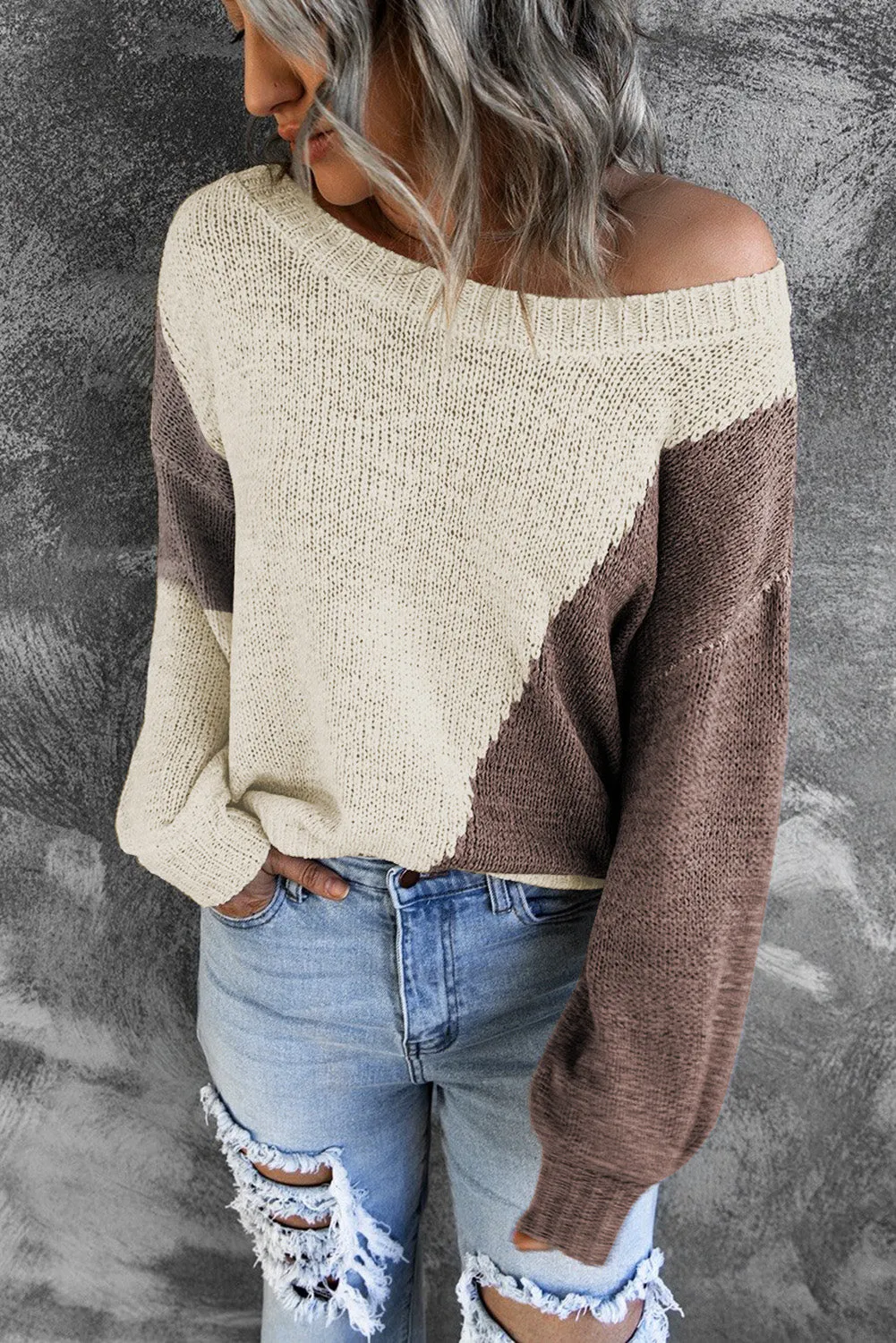 Beige Color Block Knitted Sweater