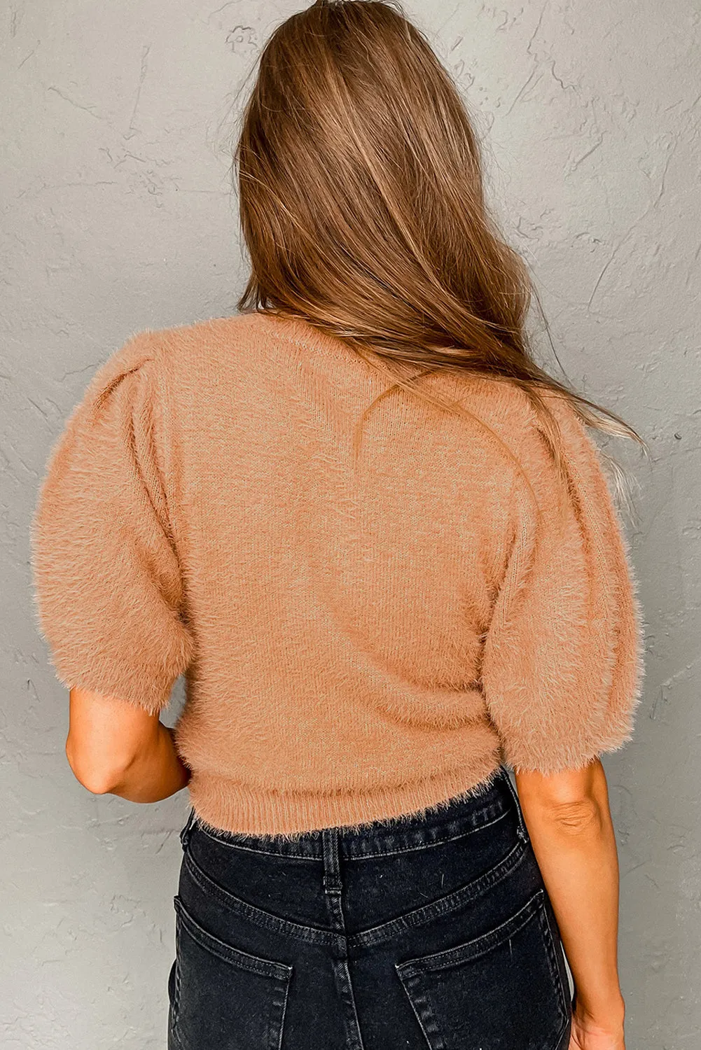 Beige French Soft Fuzzy Short Sleeve Sweater Top