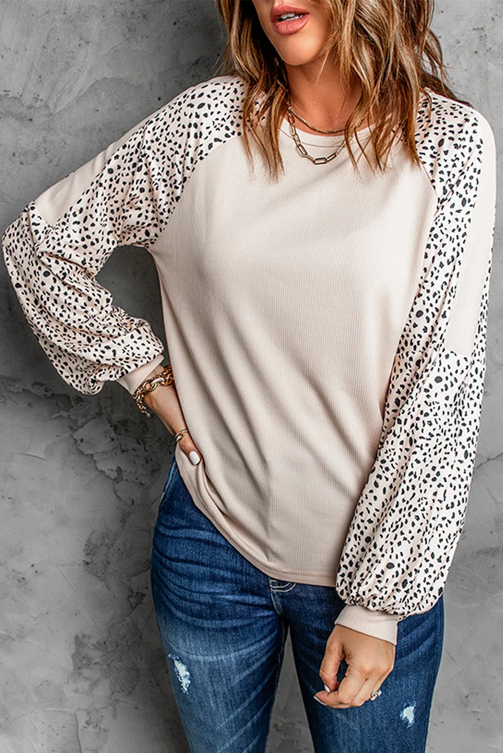 Beige Leopard Print Pullover Long Sleeve Top