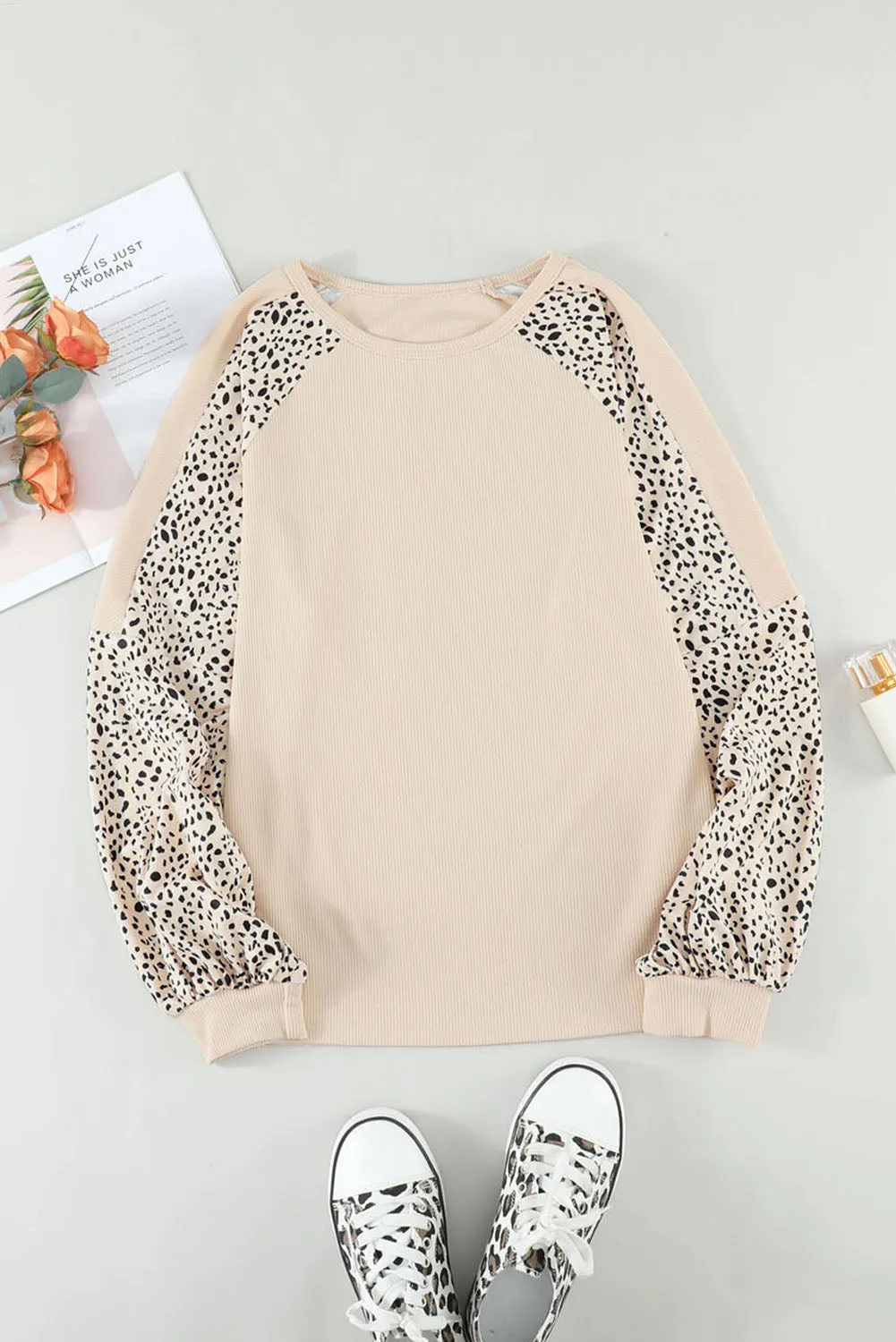 Beige Leopard Print Pullover Long Sleeve Top